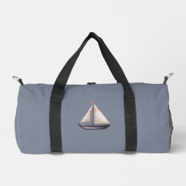 Brown Sailing Boat and Name on Gray Duffle Bag