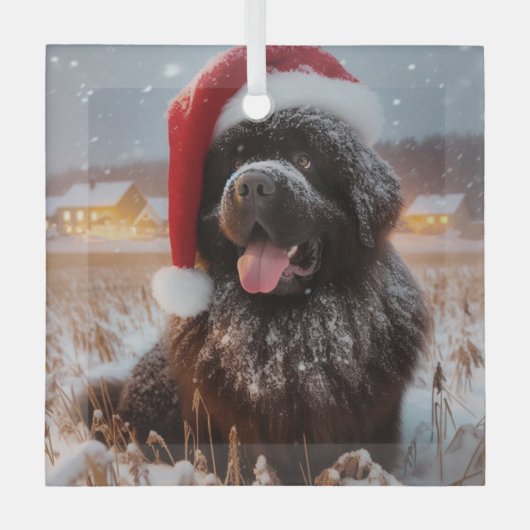 Brown Santa Newf Sitting in Snow Ornament Aus Glas (Vorderseite)
