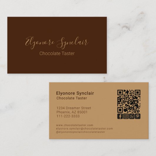 Brown Script Social Icon QR Code Chocolate Taster Visitenkarte (Vorne/Hinten)