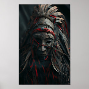 Brown Shaman Maske mit Federn und rotem Poster
