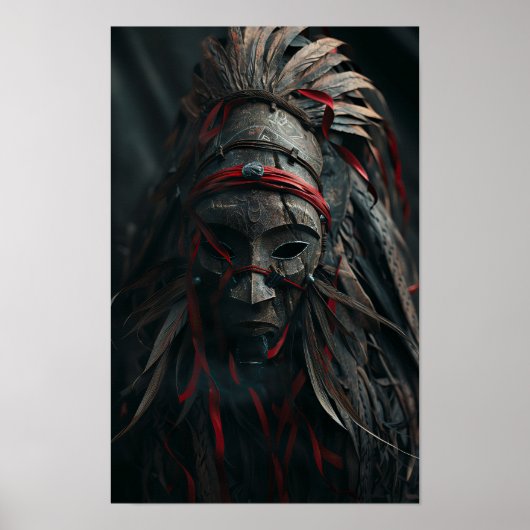 Brown Shaman Maske mit Federn und rotem Poster (Vorne)