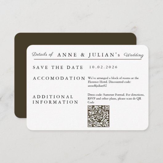 Brown Simple Wedding Invitation Details Card RSVP Karte (Vorne/Hinten)