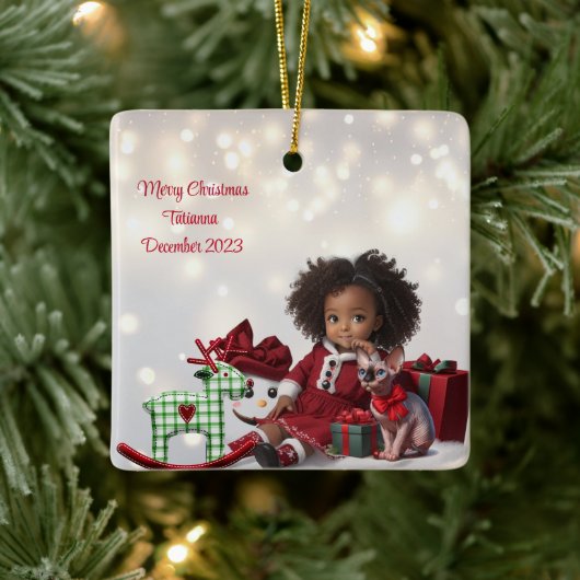 Brown Skin Girl Personalisiert Weihnachten Keramikornament (Baum)