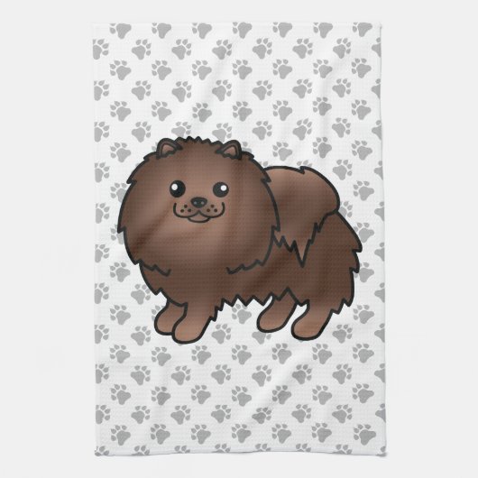 Brown Spitz Niedlich Cartoon Dog & Paws Geschirrtuch (Vertikal)