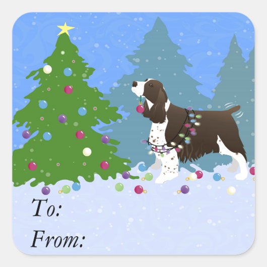 Brown Springer Spaniel Dekorieren Weihnachtsbaum Quadratischer Aufkleber (Vorderseite)