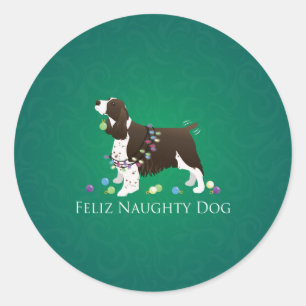 Brown Springer Spaniel Dog Feliz Naughty Dog Runder Aufkleber