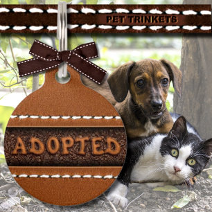 Brown Stitched Leder Embossed Adoptiert Dog Cat Haustiermarke