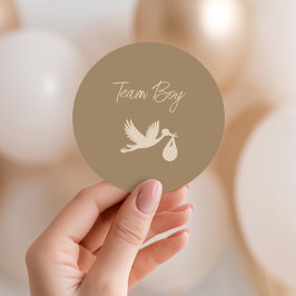 Brown Stork Baby Delivery Gender Reveal Team Boy Runder Aufkleber