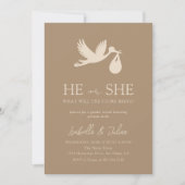 Brown Stork Baby Delivery He or she Gender Reveal Einladung (Vorderseite)