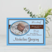 Brown Stripe Blue Birth Ankündigungen (Stehend Vorderseite)