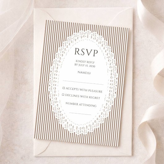 Brown Stripe Lace Doily Wedding RSVP Enclosure Begleitkarte