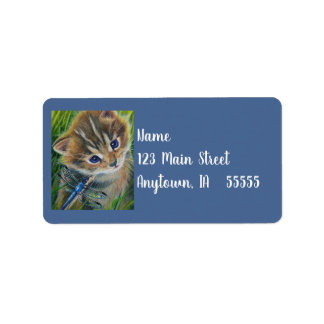 Brown Tabby Kitten & Dragonfly Adressaufkleber