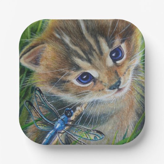 Brown Tabby Kitten & Dragonfly Pappteller (Vorderseite)
