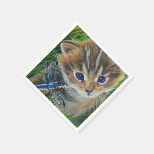 Brown Tabby Kitten & Dragonfly Serviette (Ecke)