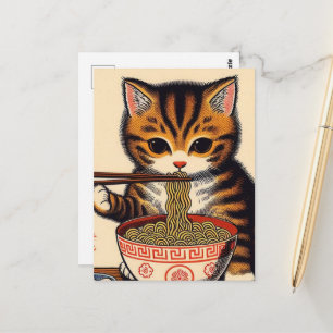 Brown Tabby Kitten Eating Ramen Woodblock Print Postkarte