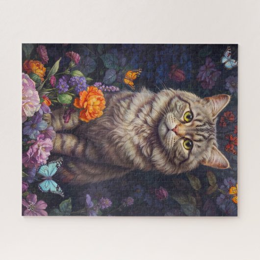 Brown Tabby mit Blume und Viktorianischem Stil Puzzle (Horizontal)