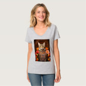 Brown Tabby mit Blume und Viktorianischem Stil T-Shirt (Vorderseite Vollansicht)