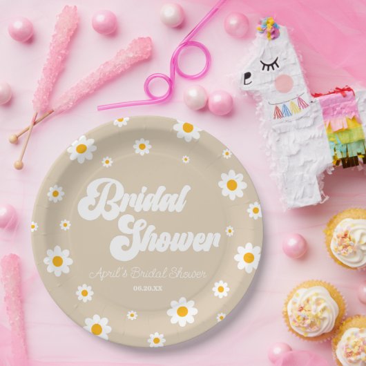 Brown Tan Retro Daisy Blume Brautparty Pappteller (Party)