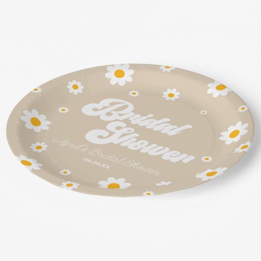 Brown Tan Retro Daisy Blume Brautparty Pappteller (Schrägansicht)
