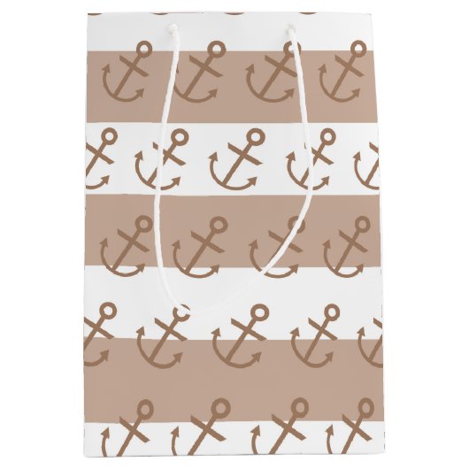 Brown Taupe & White Strip Anchor Party Geschenktas Mittlere Geschenktüte (Vorderseite)