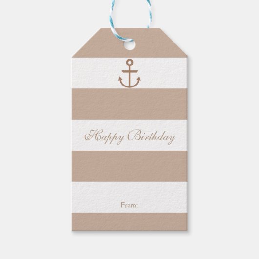 Brown Taupe & White Striped Anchor Geschenketikett Geschenkanhänger (Vorderseite)