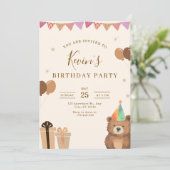 Brown Teddy Bear Birthday Invitation, Cute Neutral Einladung (Stehend Vorderseite)