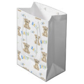Brown Teddy Bear Blue Boy Baby Dusche Mittlere Geschenktüte (Vorderseite Schrägansicht)