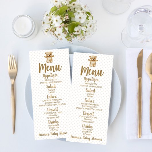 Brown Teddy Bear Polka Dots Baby Showfood Menükarte
