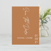 Brown Terracotta Boho Script Save the Date Foto Einladung (Stehend Vorderseite)