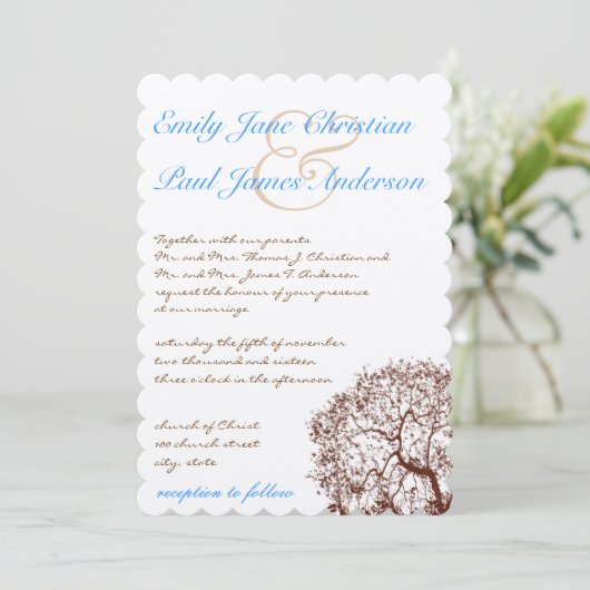 Brown Tree Aqua Blue Schriftart Einladung Hochzeit (Stehend Vorderseite)