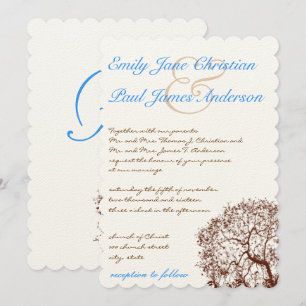 Brown Tree Aqua Blue Schriftart Einladung Hochzeit