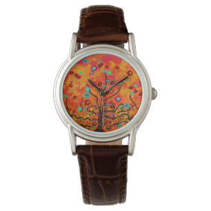 Brown Tree of Life W/ Blume & Orange Color Boho Armbanduhr