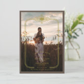 Brown Trendy Lace Flourish Initials Wedding Photo Save The Date (Stehend Vorderseite)