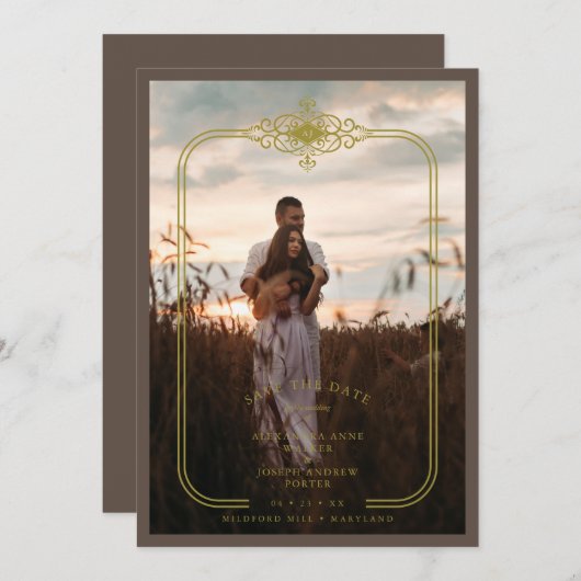 Brown Trendy Lace Flourish Initials Wedding Photo Save The Date (Vorne/Hinten)