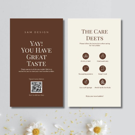 Brown Tumbler Care Card Instruction Insert QR Code Visitenkarte