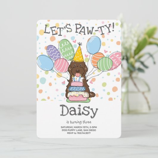 Brown Tuxedo Cockapoo Cavapoo Dog Birthday Party Einladung (Stehend Vorderseite)