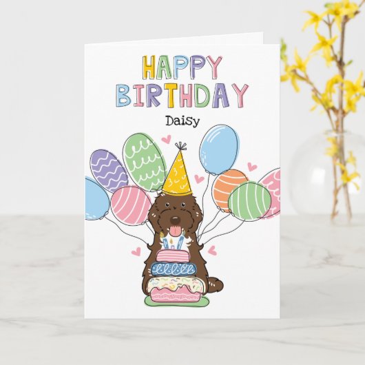 Brown Tuxedo Cockapoo Cavapoo Dog Happy Birthday Karte (Gelbe Blume)