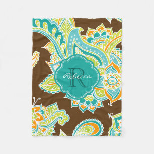 Brown und Aquamarin Boho Paisley Mit Monogramm Fleecedecke