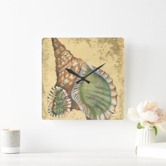 Brown und grüner Seashell Quadratische Wanduhr (Zuhause)