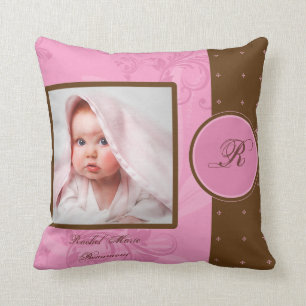 Brown und rosa Monogramm-Baby-Foto-Andenken-Kissen Kissen