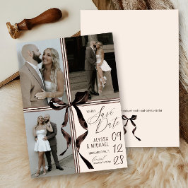 Brown Watercolor Bow Modern 3 Photo Ivory Wedding Save The Date