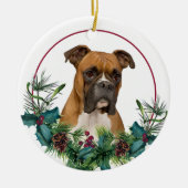 Brown White Boxer Dog Evergreen Kranz Keramik Ornament (Vorne)