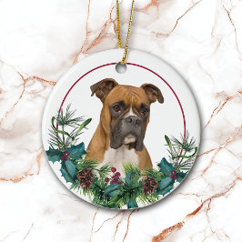 Brown White Boxer Dog Evergreen Kranz Keramik Ornament