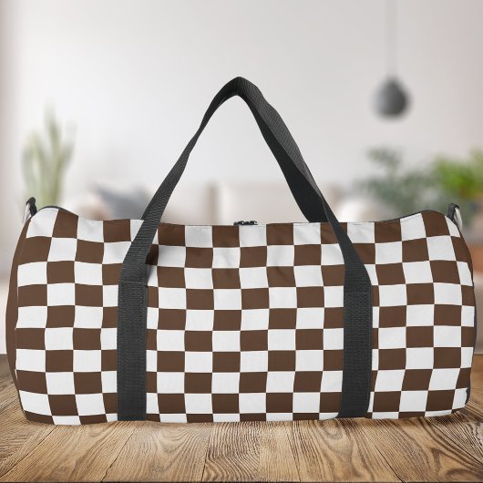 Brown White Checkered Duffle Bag