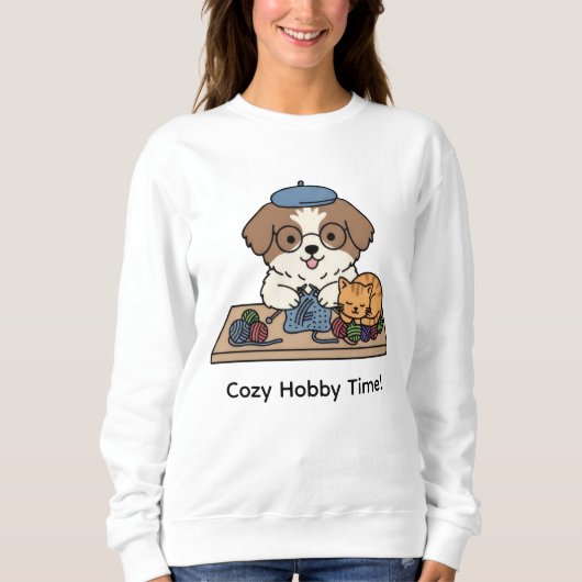Brown White Dog Glasses Knitting Cat Friend Design Sweatshirt (Vorderseite)