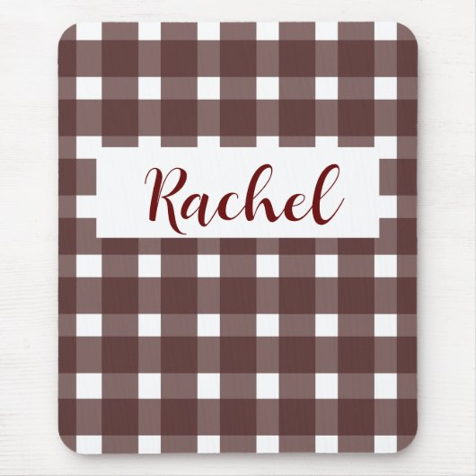 Brown White Gingham Personalisiert Mousepad (Vorne)