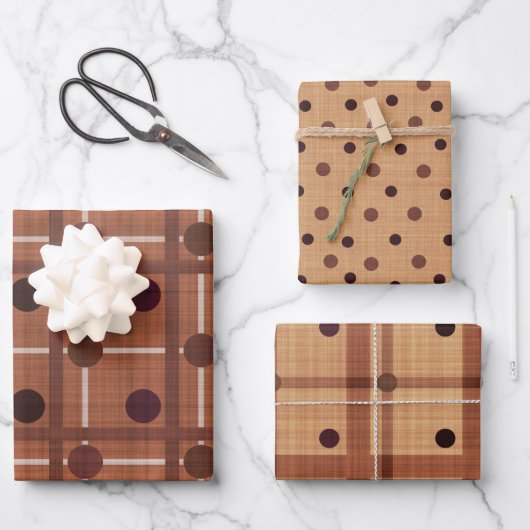 BROWN & WHITE POLKA DOTS & PLAIDS GESCHENKPAPIER SET (Vorderseite)