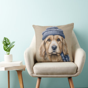 BROWN & WHITE SHAGGY HUND MIT BLAUEM HUT KISSEN