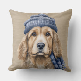 BROWN & WHITE SHAGGY HUND MIT BLAUEM HUT KISSEN