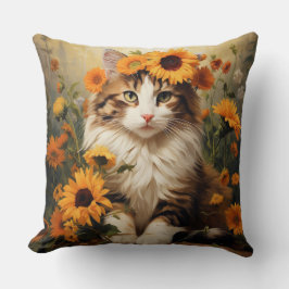 BROWN & WHITE TABBY CAT MIT HÜBSCHEN SONNENBLUMEN KISSEN